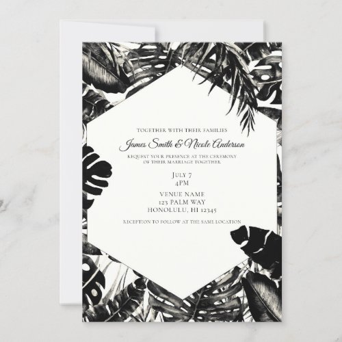 Black  White Tropical Palm Leaves Wedding  Invitation