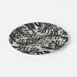 Black & White Tropical Palm Leaves Wedding Paper Plates