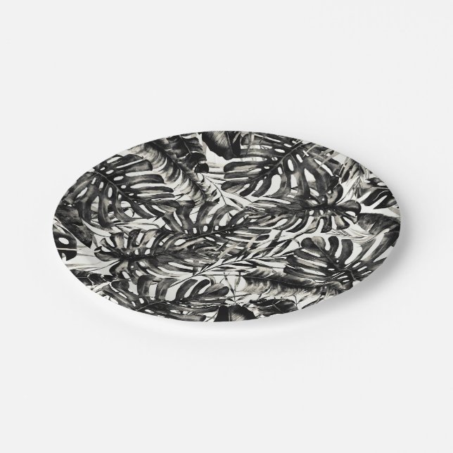 Black & White Tropical Palm Leaves Wedding  Paper Plates (Angled)