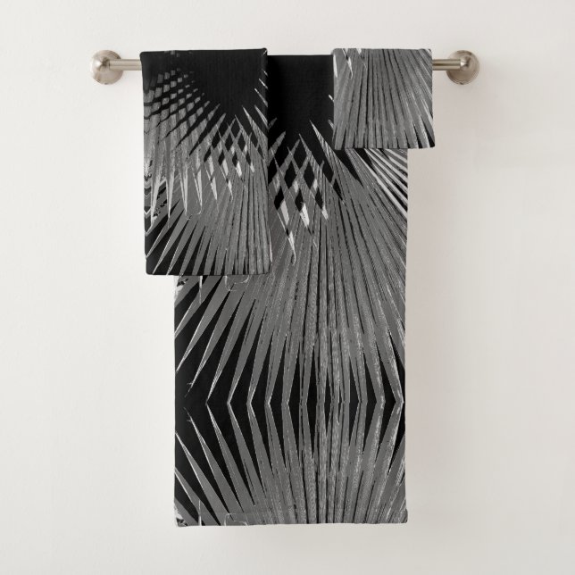 Black White Tropical Palm Tree Leaf Bath Towel Set (Insitu)