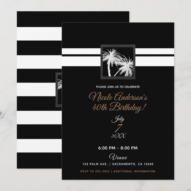 Black White Tropical Palm Trees Modern Birthday Invitation (Front/Back)