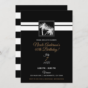 Black White Tropical Palm Trees Modern Birthday Invitation