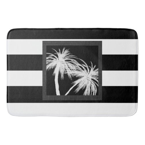 Black  White Tropical Palm Trees Modern Chic Bath Mat