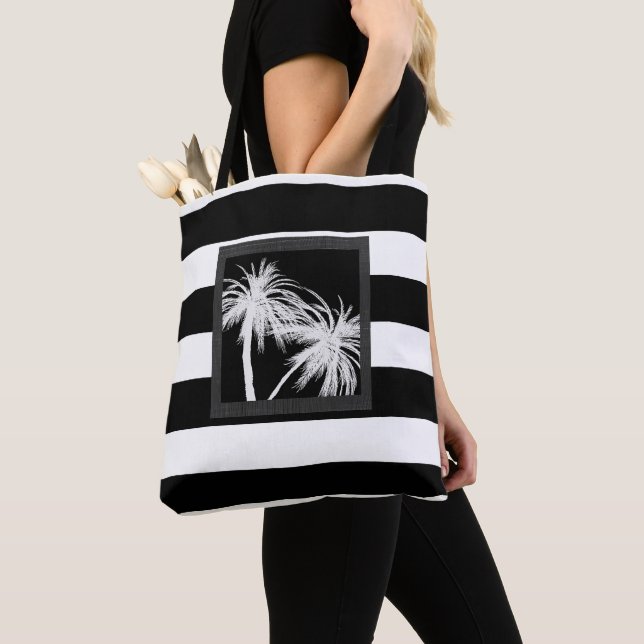 Black & White Tropical Palm Trees Modern Chic Tote Bag (Close Up)