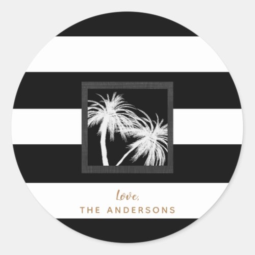 Black  White Tropical Palm Trees Modern Wedding Classic Round Sticker