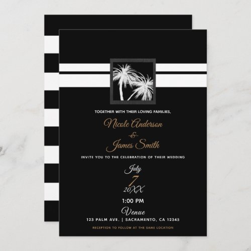Black  White Tropical Palm Trees Modern Wedding Invitation