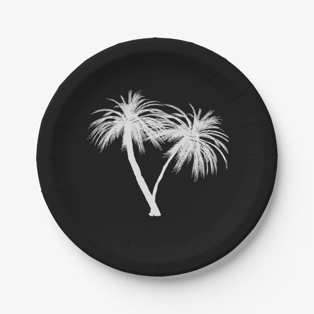 Black & White Tropical Palm Trees Modern Wedding Paper Plates (Front)
