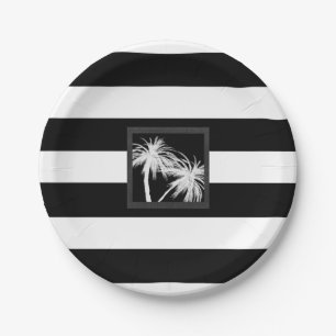Black & White Tropical Palm Trees Modern Wedding Paper Plates