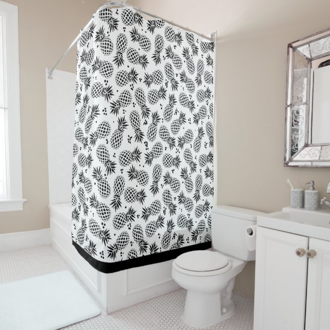 Black & White Tropical Pineapple Pattern Shower Curtain (In Situ)