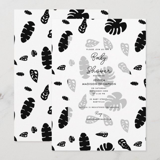 Black & White Tropical Summer Leaves Baby Shower Invitation (Front/Back)