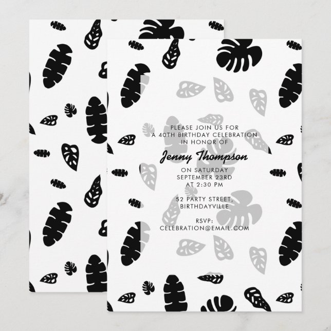 Black & White Tropical Summer Leaves Birthday  Invitation (Front/Back)