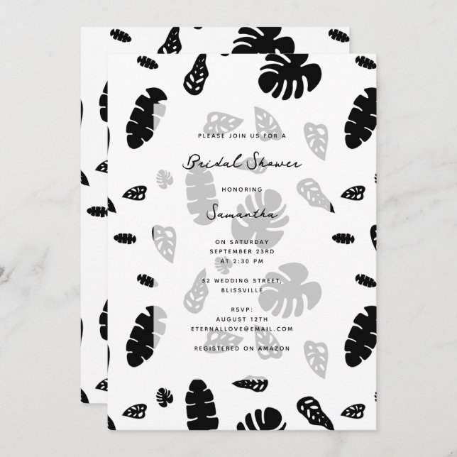 Black & White Tropical Summer Leaves Bridal Shower Invitation (Front/Back)