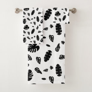 Black & White Tropical Summer Leaves Pattern Bath Towel Set