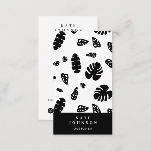 Black  White Tropical Summer Leaves Pattern Business Card