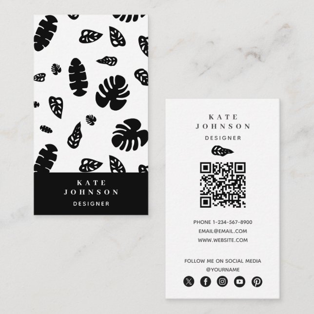 Black & White Tropical Summer Leaves Pattern Business Card (Front/Back)