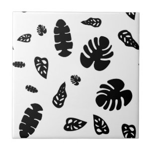 Black & White Tropical Summer Leaves Pattern Ceramic Tile