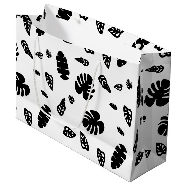 Black & White Tropical Summer Leaves Pattern Large Gift Bag (Front Angled)