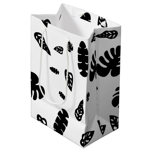 Black & White Tropical Summer Leaves Pattern Medium Gift Bag (Front Angled)