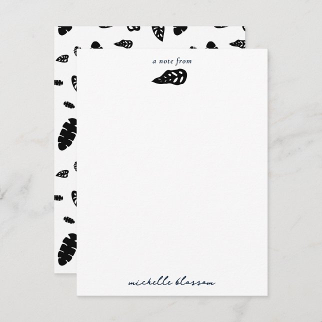 Black & White Tropical Summer Leaves Pattern Note Card (Front/Back)