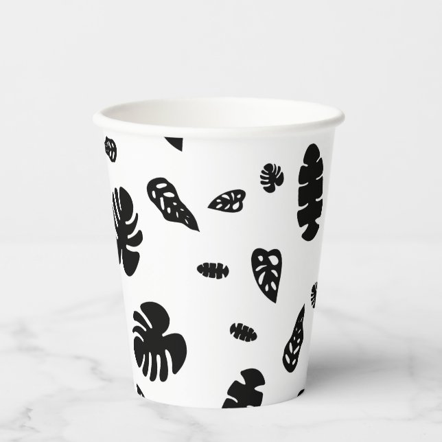 Black & White Tropical Summer Leaves Pattern Paper Cups (Front)