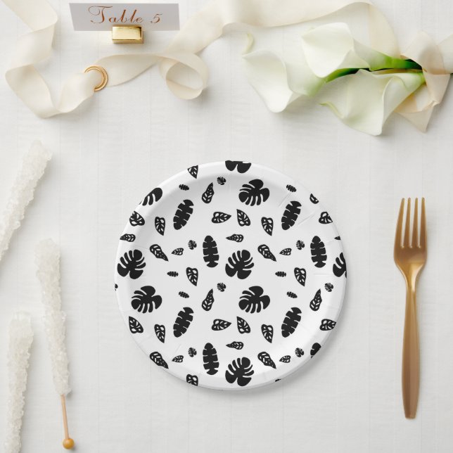 Black & White Tropical Summer Leaves Pattern Paper Plates (Wedding)