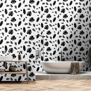 Black & White Tropical Summer Leaves Pattern Wallpaper