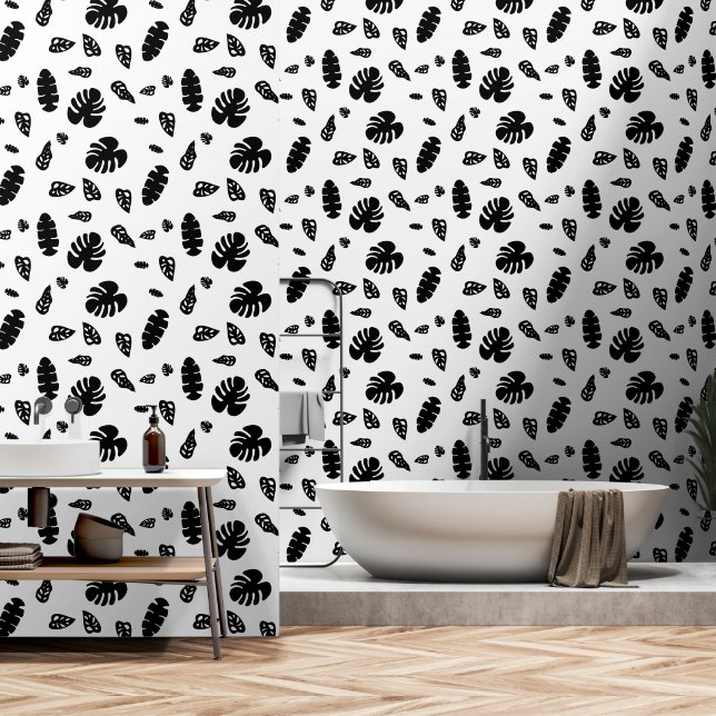 Black & White Tropical Summer Leaves Pattern Wallpaper (Bathroom)