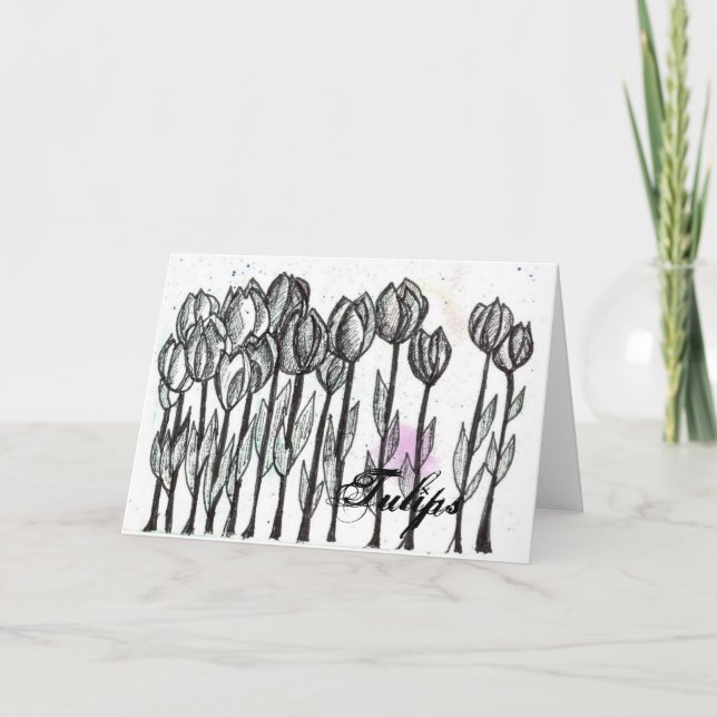 Black White Tulip Flowers Pen And Ink Sketch Art Card (Front)