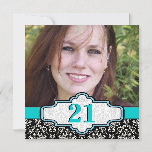 Black white turquoise damask 21st birthday photo invitation (Front)