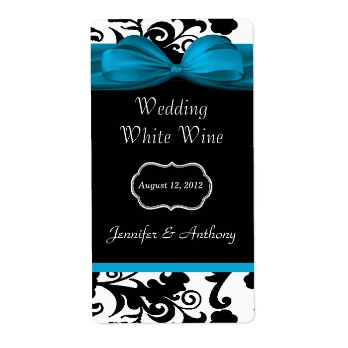 Black, White & Turquoise Damask Mini Wine Labels