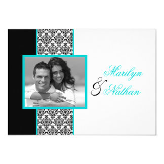 Black White Turquoise Damask Photo Wedding Invite