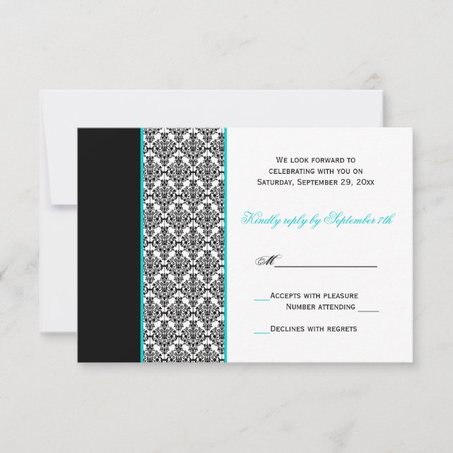 Black White Turquoise Damask RSVP Card (Front)