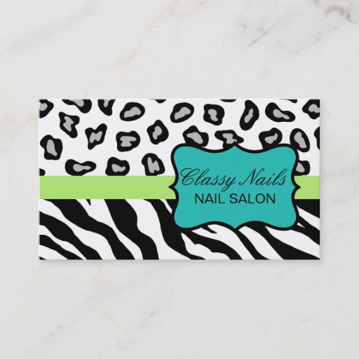 Customizable Black, White, Turquoise &amp; Green Zebra &amp; Cheetah Business Cards
