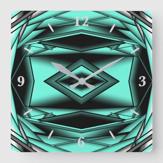Black White Turquoise Ombre Modern Abstract Art Square Wall Clock (Front)