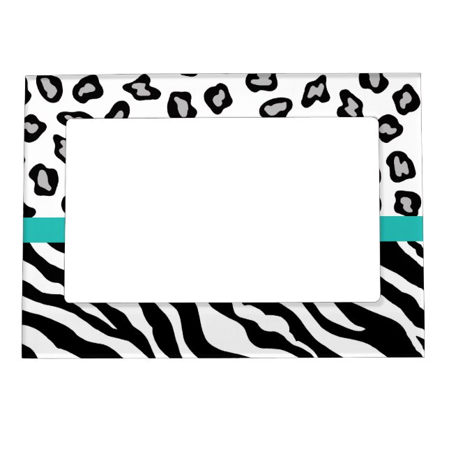 Black White Turquoise Zebra and Leopard Skin Photo Magnetic Picture Frame (Front)