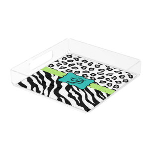 Black White Turquoise Zebra Leopard Skin Monogram Acrylic Tray