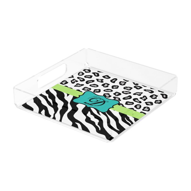 Black White Turquoise Zebra Leopard Skin Monogram Acrylic Tray (Angled)