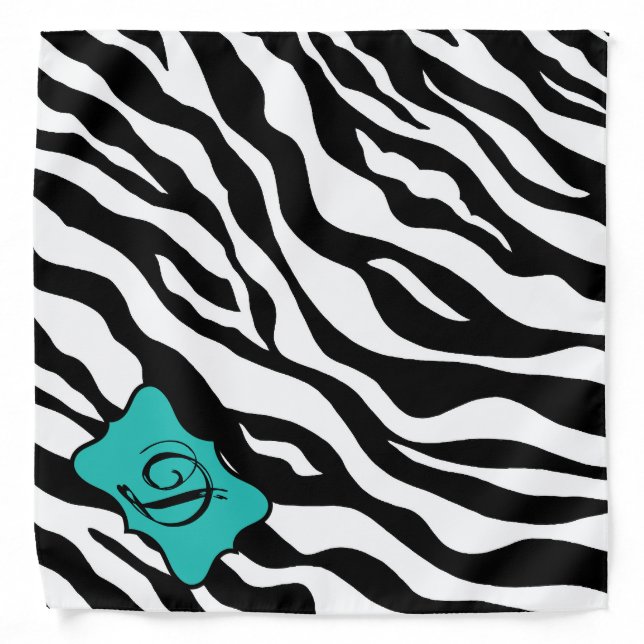 Black White Turquoise Zebra Leopard Skin Monogram Bandana (Front)