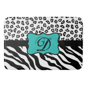 Black White Turquoise Zebra Leopard Skin Monogram Bathroom Mat