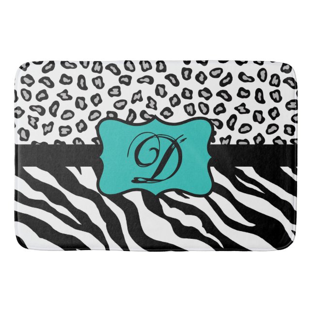 Black White Turquoise Zebra Leopard Skin Monogram Bathroom Mat (Front)