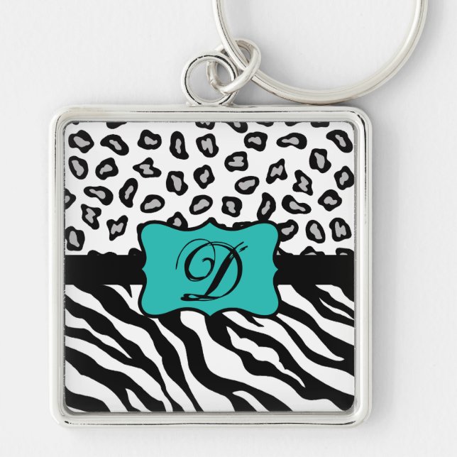 Black White Turquoise Zebra Leopard Skin Monogram Keychain (Front)