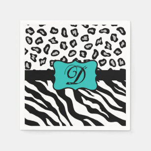 Black White Turquoise Zebra Leopard Skin Monogram Napkins