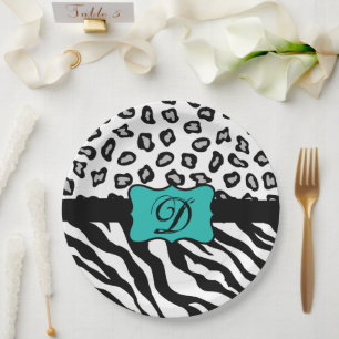 Black White Turquoise Zebra Leopard Skin Monogram Paper Plates