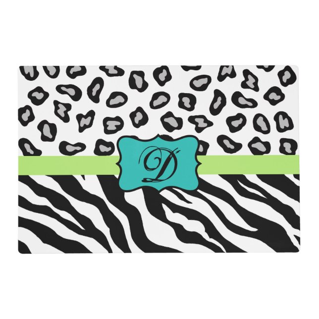 Black White Turquoise Zebra Leopard Skin Monogram Placemat (Back)