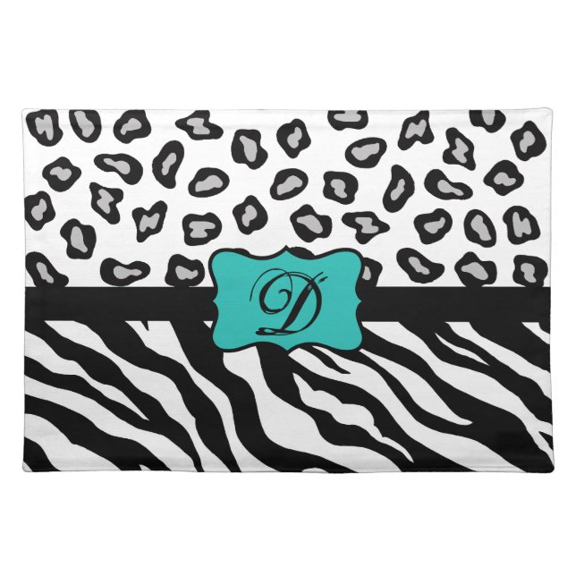 Black White Turquoise Zebra Leopard Skin Monogram Placemat (Front)
