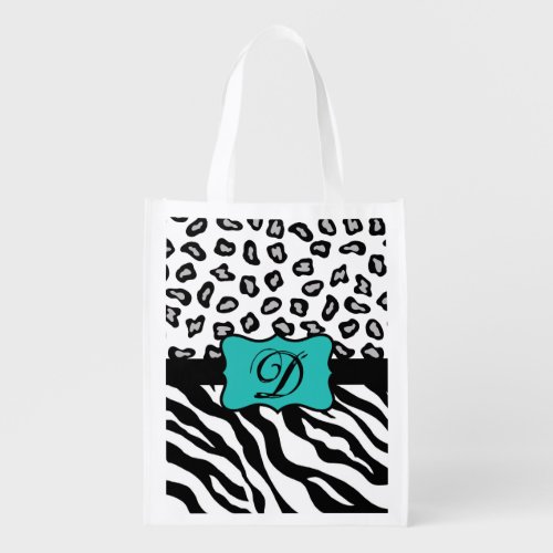 Black White Turquoise Zebra Leopard Skin Monogram Reusable Grocery Bag