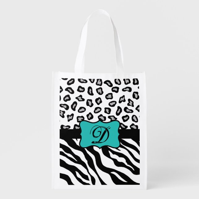 Black White Turquoise Zebra Leopard Skin Monogram Reusable Grocery Bag (Front)