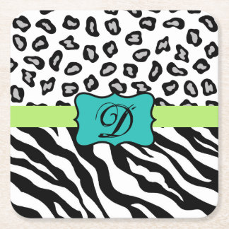 Black White Turquoise Zebra Leopard Skin Monogram Square Paper Coaster