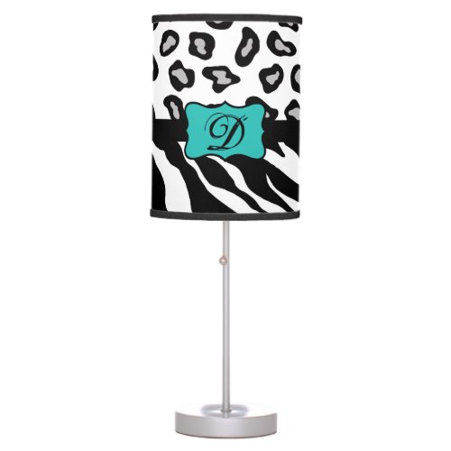 Black White Turquoise Zebra Leopard Skin Monogram Table Lamp