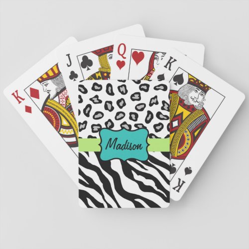 Black White Turquoise Zebra Leopard Skin Name Playing Cards